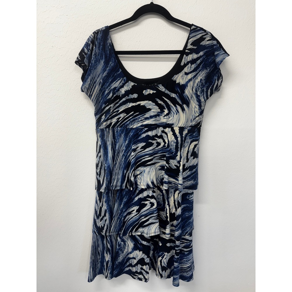 Tiana B Blue Black Swirled Marble Empire Waist Cap Sleeve Tiered Dress Sz M - Picture 3 of 11